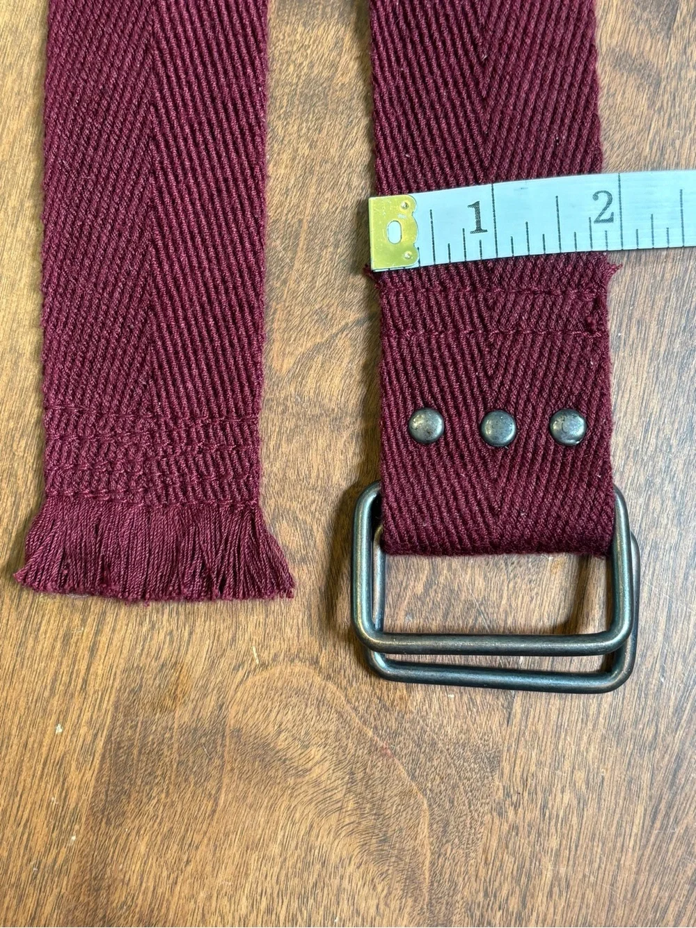 Men's Burgundy Canvas Military-Style Belt with Metal Double-Loop Buckle